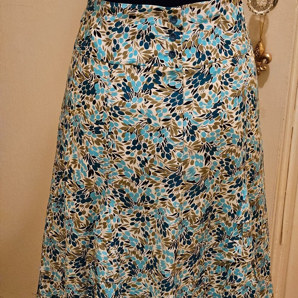 Anthropologie Odille 100% Silk Blue/Aqua Floral Print Skirt. Size 6